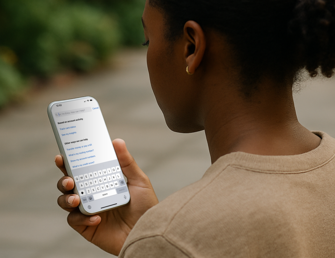 Close-up of a person holding a smartphone checking a bank app chatbot