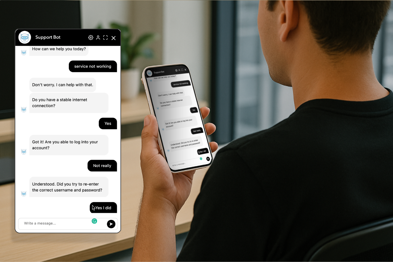 Smartphone displaying a chatbot conversation for tech support.