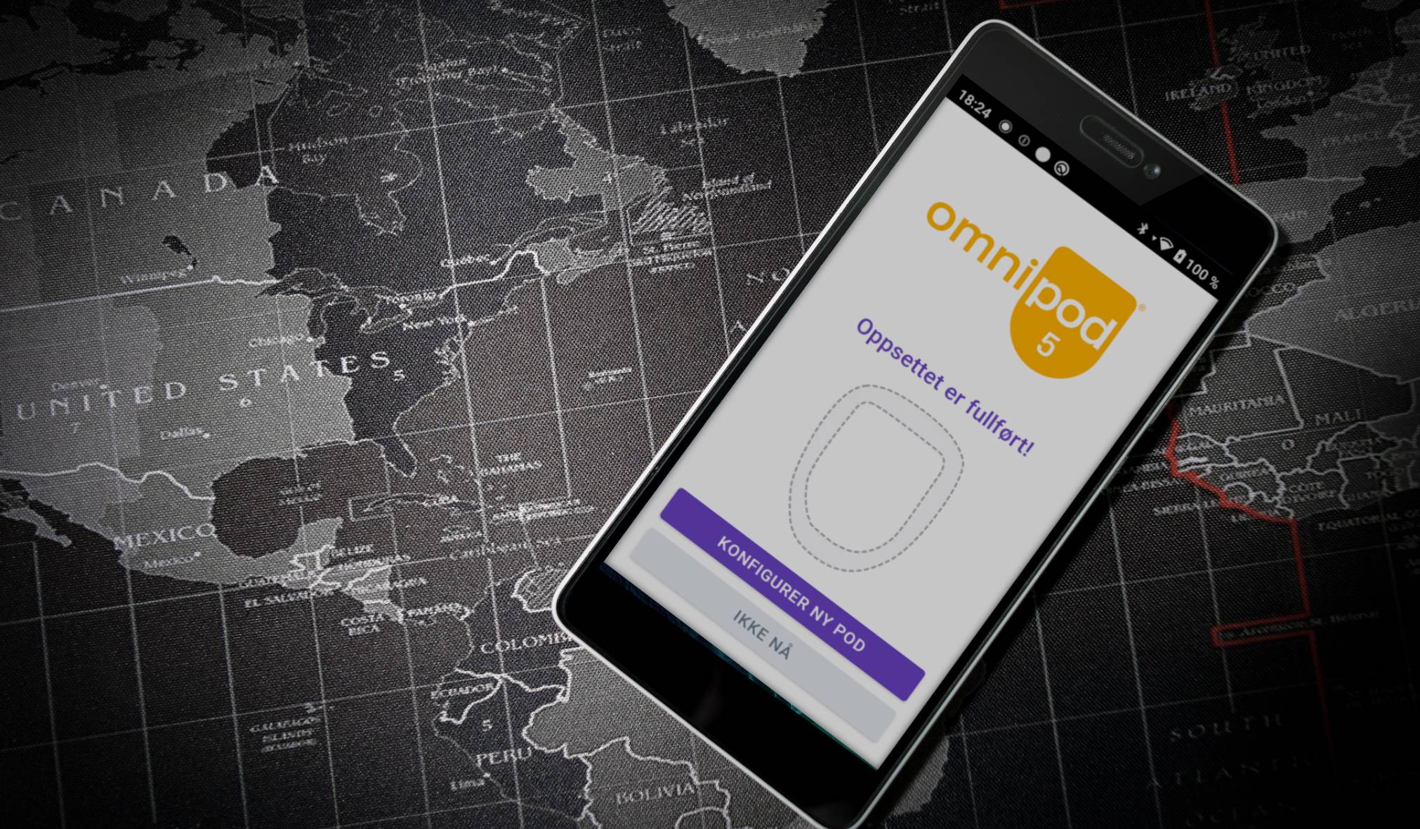 A smartphone displaying Omnipod 5 App interface in Norwegian