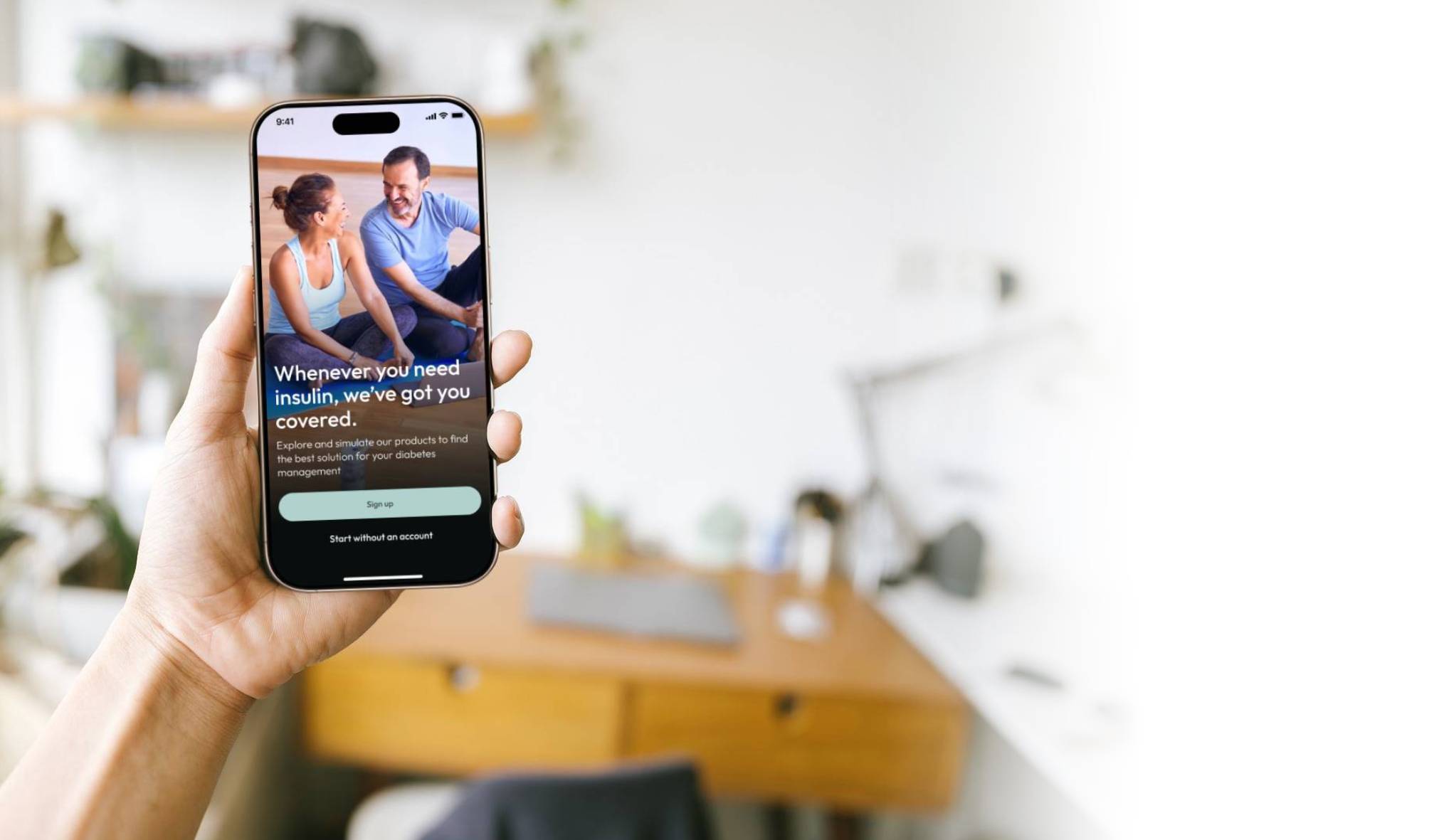 A person showing the initial screen of an app that explores diabetes management products