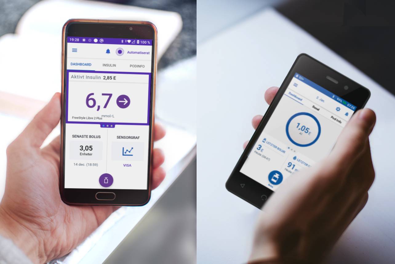 Two devices are held by a person; one displays the Omnipod 5 App, and the other shows Omnipod DASH