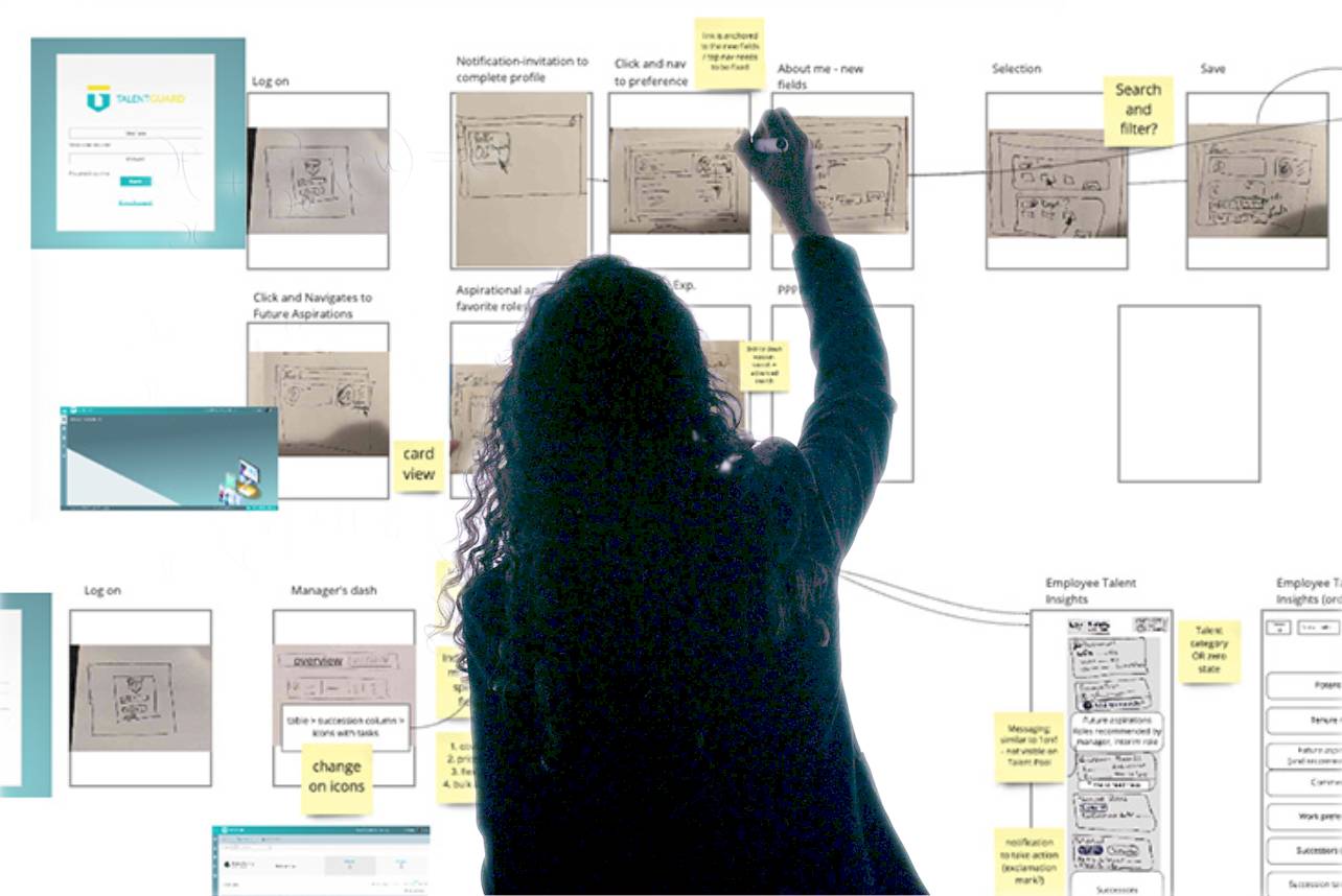 A woman points to a project diagram, during a Design Sprint workshop