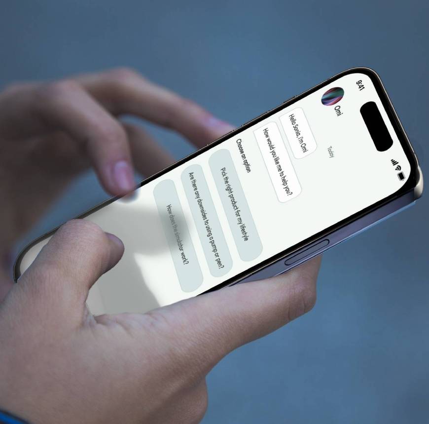 A person interacting with the chatbot interface on a mobile phone, displaying the default initial screen with three suggested questions for user selection
